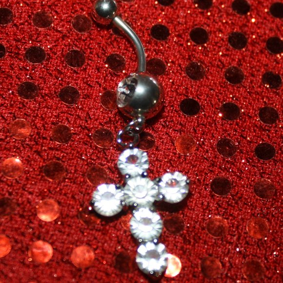 Stainless Steel Rhinestone Cross Belly Ring - Picture 1 of 3